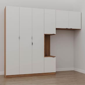 Guarda Roupa Modulado de Solteiro com Mesa de Cabeceira Esquerda 7 Portas 3 Peças Hera Cabecasa Made Louro/Branco Geada/Preto