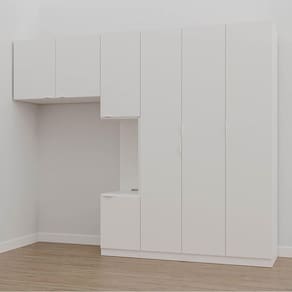 Guarda Roupa Modulado de Solteiro com Mesa de Cabeceira Direita 7 Portas 3 Peças Hera Cabecasa Madei Branco Geada/Cromado