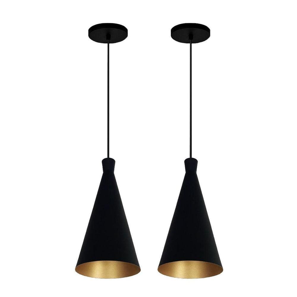 Kit 2 Lustre Pendentes Funil Dixon Canadá Preto Com Dourado
