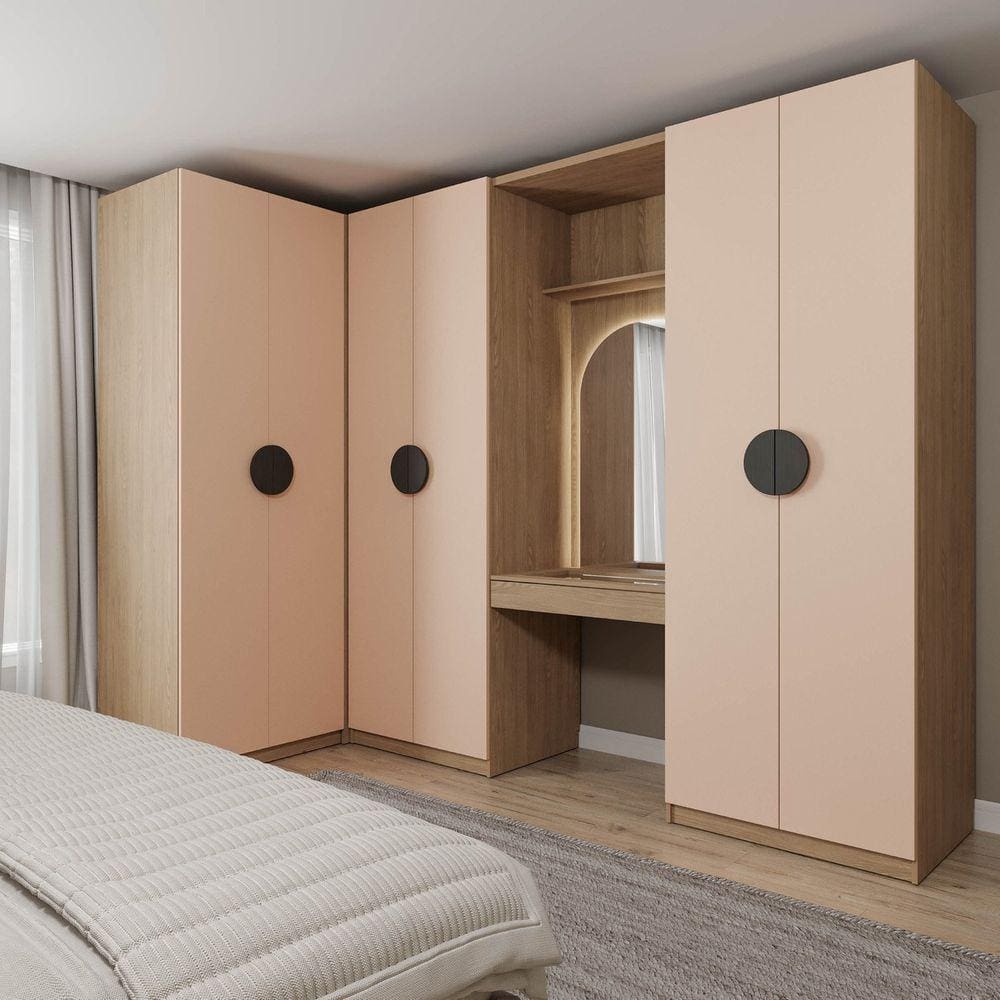 Guarda-roupa Modulado Joy 4 Peças Canto, Nicho com 2 Gaveta, Penteadeira e Cabideiro com Nichos Cabe Salmão