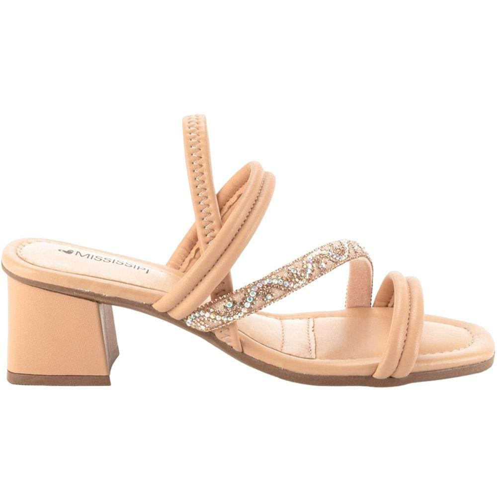 Sandália Feminina Dia a Dia Tira com Pedraria Salto Casual Médio Mississipi Mi682