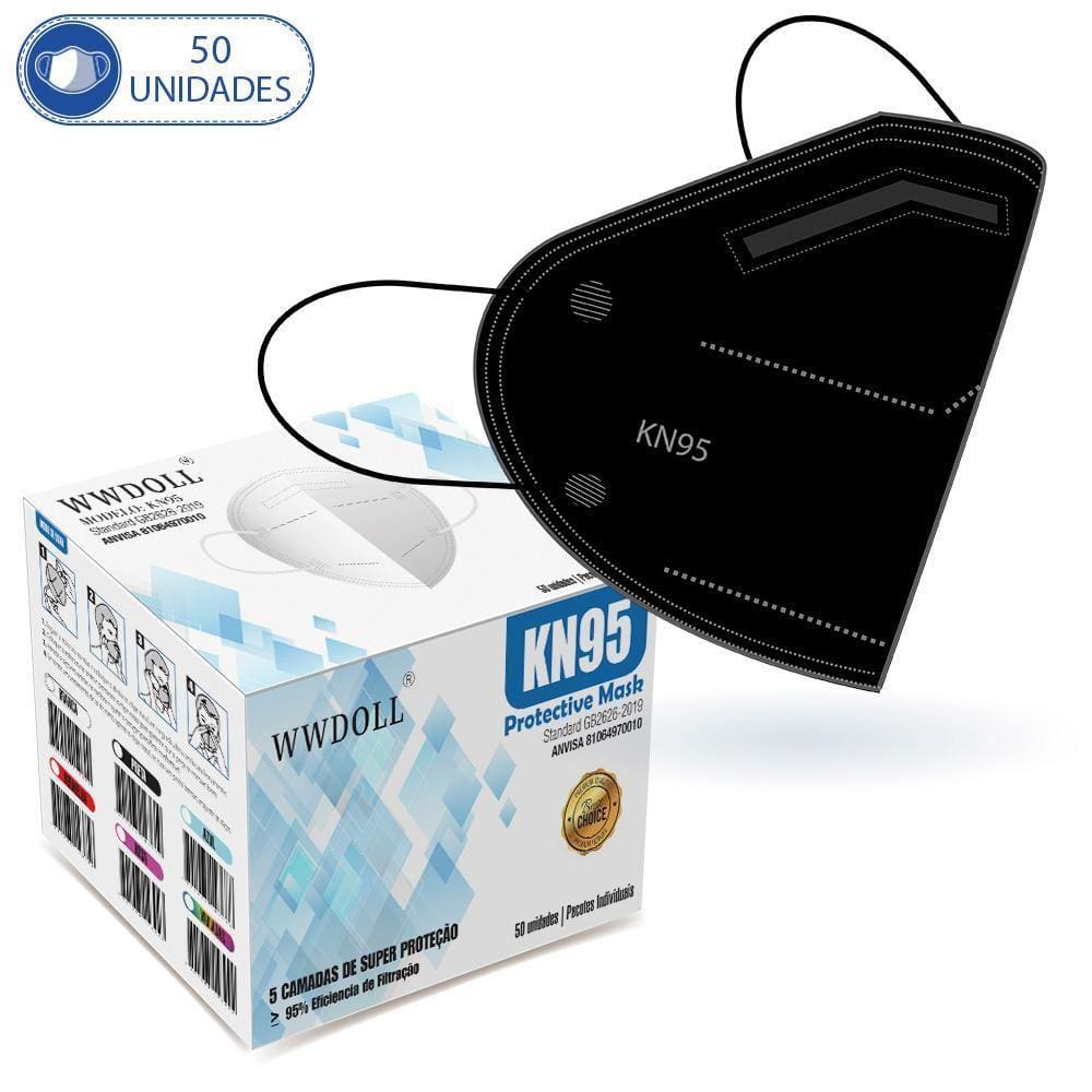 50 Máscaras Kn95 Descartáveis Preta Wwdoll Com Filtro Clipe