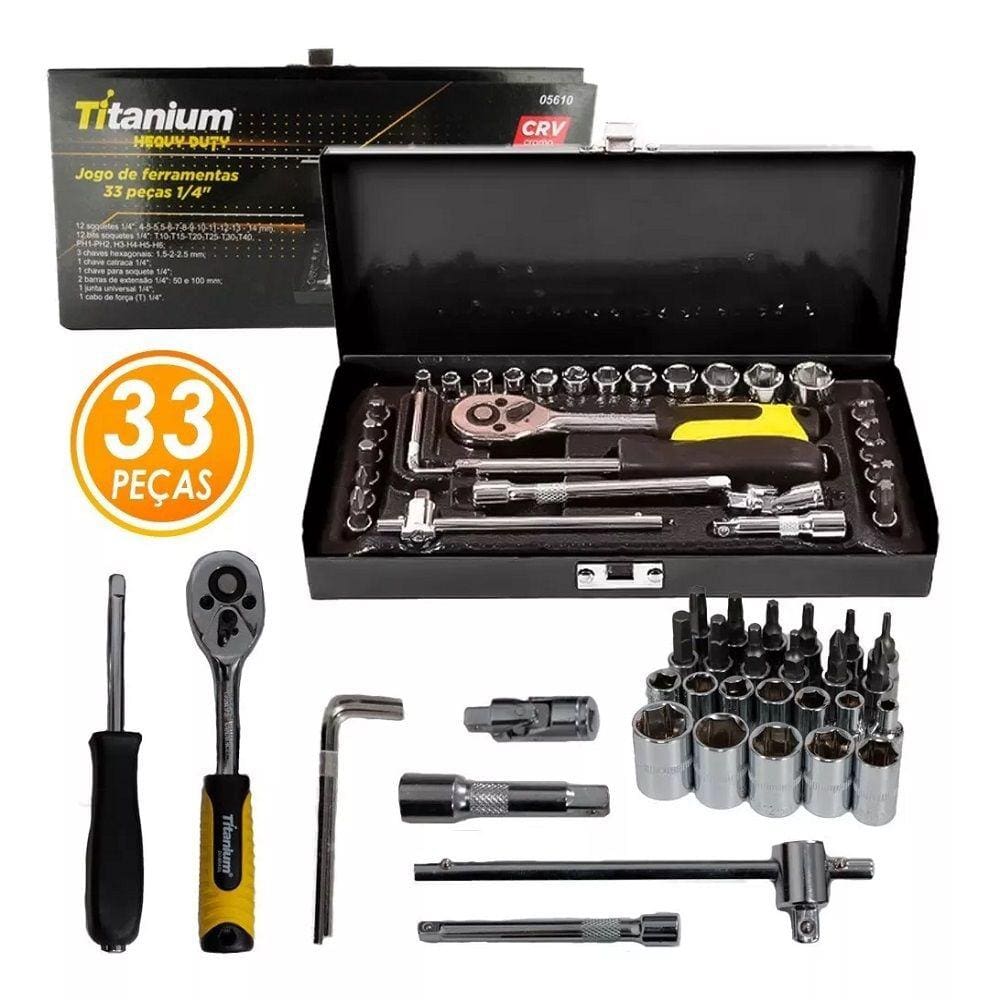 Jg Soquetes Bits 1/4 Cchave Catraca 33 Pcs Titanium 5610