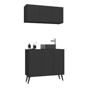 Conjunto Gabinete De Banheiro E Armário Aéreo Retrô Mp5055 Preto Preto