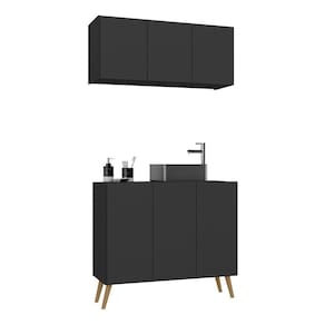Conjunto Gabinete De Banheiro E Armário Aéreo Retrô Mp5055 Preto natural