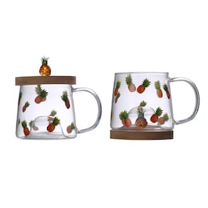 Caneca Lyor Abacaxi De Vidro Com Pires De Bambu 350Ml