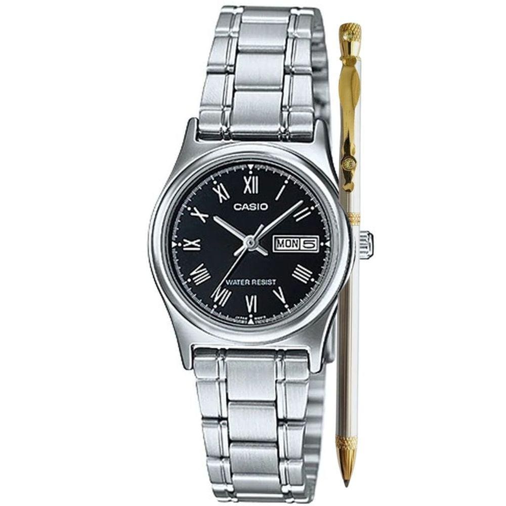Kit Relógio de Pulso Casio Feminino Analógico Pequeno Redondo Aço Inóx Prova Dágua Clássico Casual Prata LTP-V006D-1BUDF + Caneta