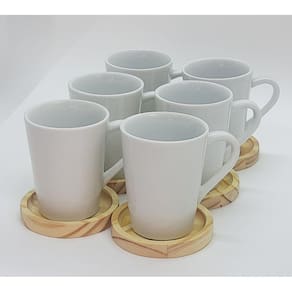 Jogo 6 canecas 220ml c/ pires de Pinus - Porcelana branca