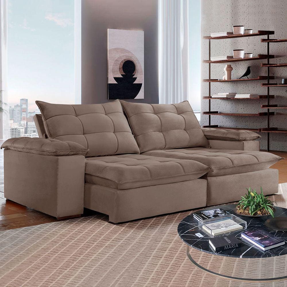 Sofá 5 Lugares Espanha Retrátil e Reclinável 290cm Bege Escuro - Celflex