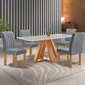 Mesa de Jantar 4 Lugares Kyra/Arizona com Vidro Cinamomo/Off White/Suede Cinza - Cel Móveis