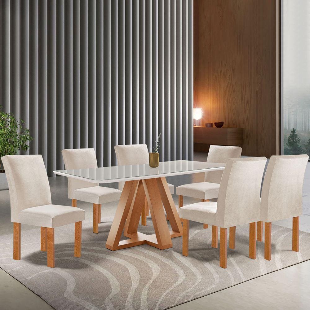 Mesa de Jantar 6 Lugares Kyra/Canela com Vidro Cinamomo/Off White/Suede Bege - Cel Móveis