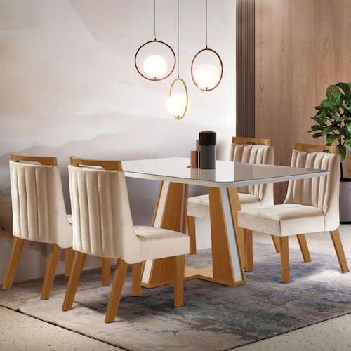 Mesa de Jantar 4 Lugares Madri com Vidro Cinamomo/Off White/Creme - Lj Móveis - Bege