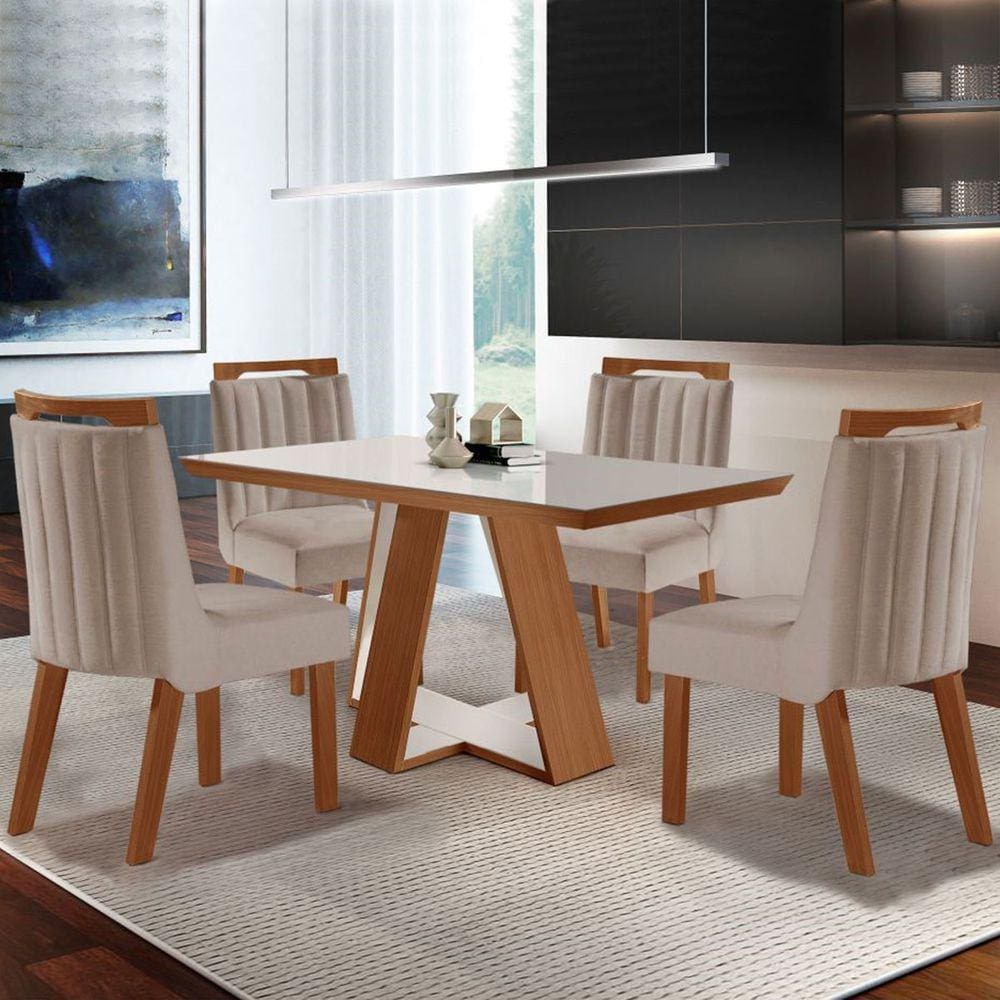 Mesa de Jantar 4 Lugares Viena com Vidro Prêmio/Off White/Linho Bege - Lj Móveis