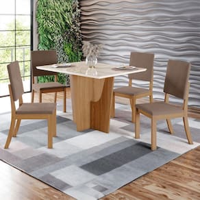 Mesa de Jantar 4 Lugares Antonella com Vidro Nature/Off White/Marrom Amêndoa - Panorama Móveis