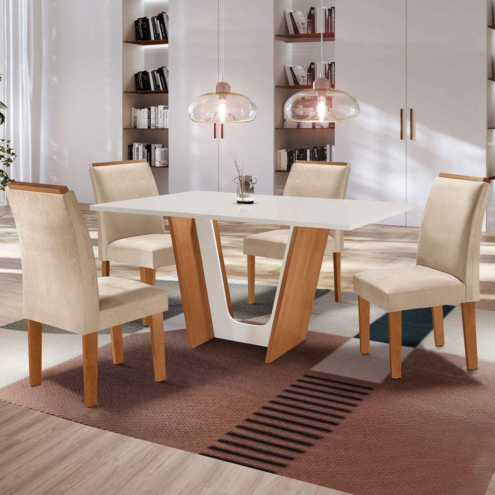 Mesa de Jantar 4 Lugares Laura Cinamomo/Off White/Suede Pena - Cel Móveis