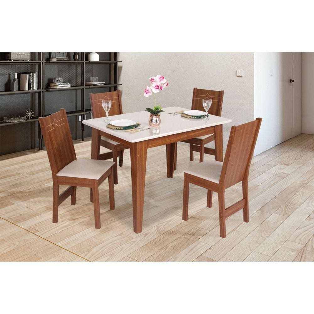 Conjunto de Sala de Jantar Mesa Retangular Giovana com 4 Cadeiras Elane Marromlle/Off White