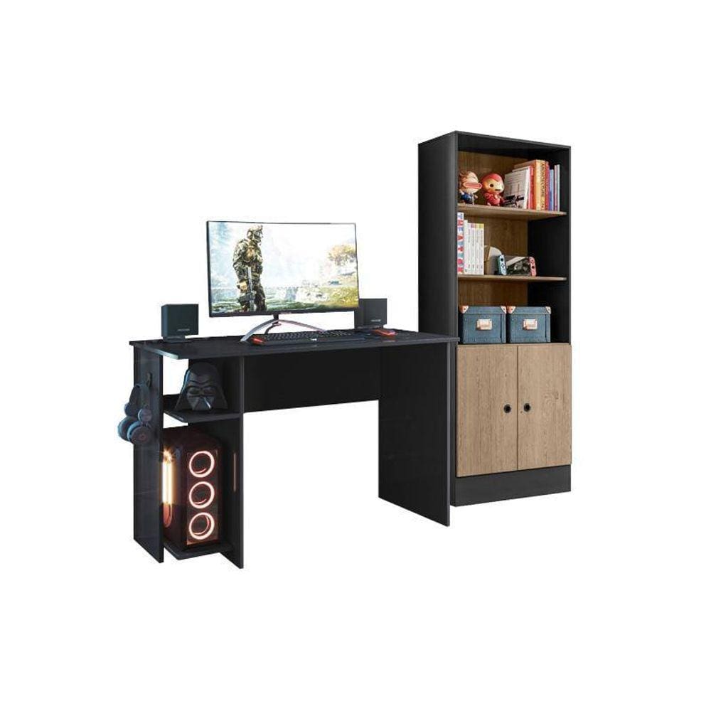 Jogo de Quarto Gamer com Mesa para Computador e Estante Preto/Carvalho - FdECOR
