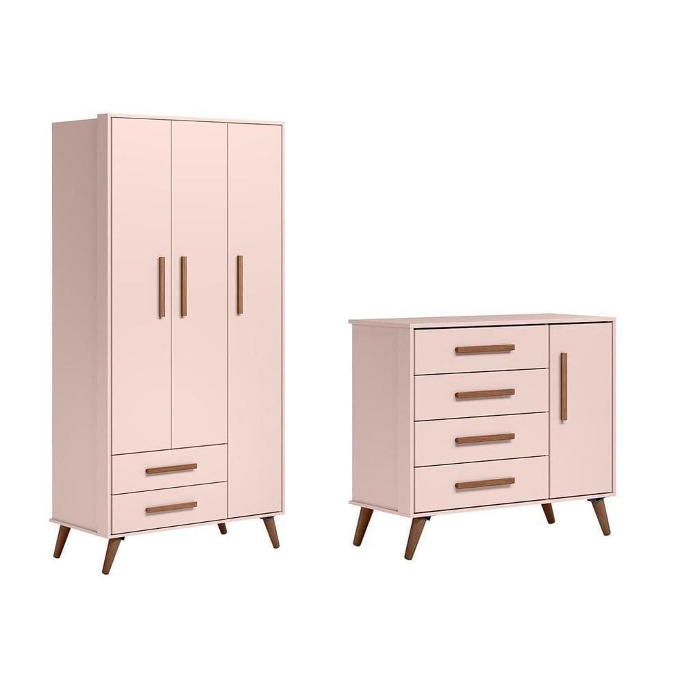 Quarto Infantil Encanto Retrô com Cômoda Sapateira e Guarda Roupa 3 Portas Rosa - FdECOR