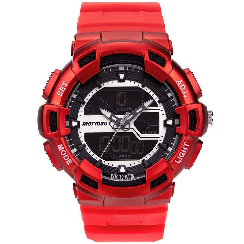 Relógio MORMAII masculino anadigi vermelho prata MO0935/8R