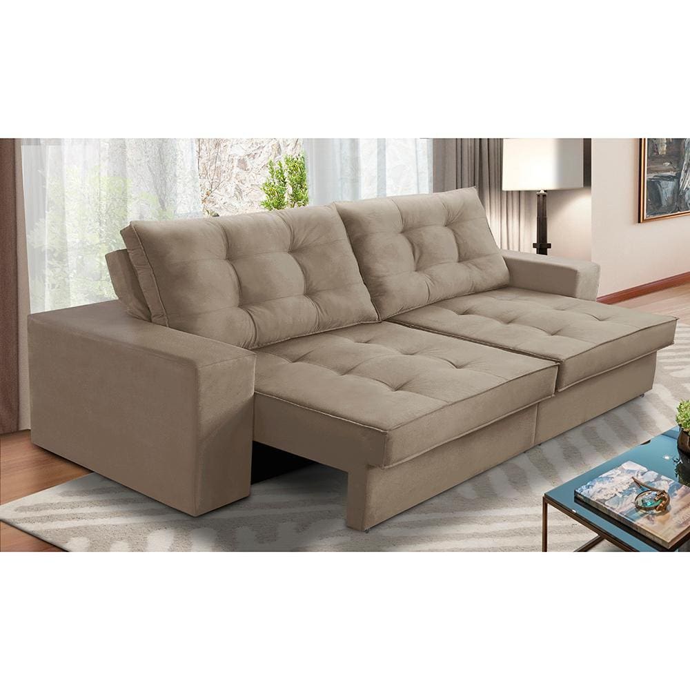 Sofá Retrátil e Reclinável 3 lugares 2,50m com Molas Marcela Suede Cappuccino Adonai Estofados