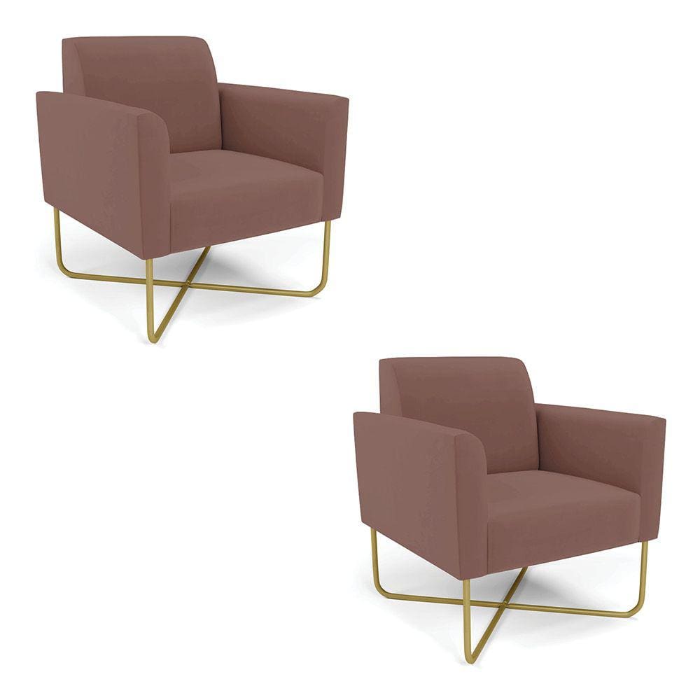 Kit 2 Poltronas Base X Industrial Dourado Marisa Veludo Rosê D03 - D`Rossi