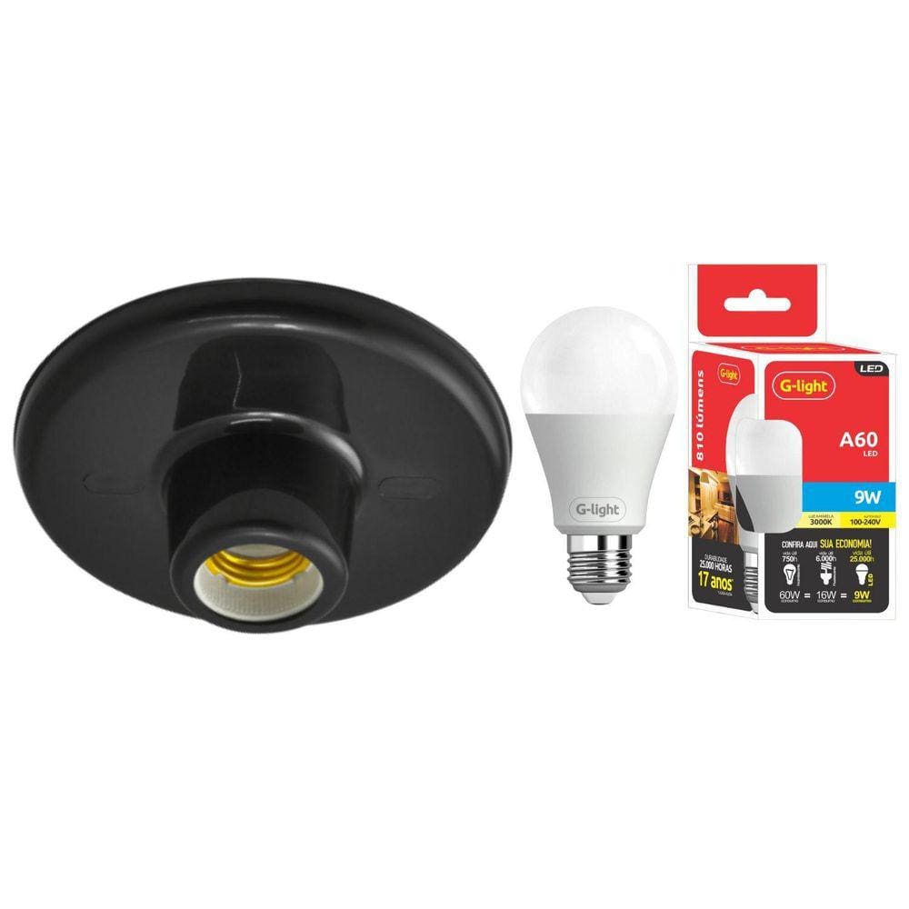 Kit Plafonier Plafon Soquete E27 Preto Lâmpada Led 9W