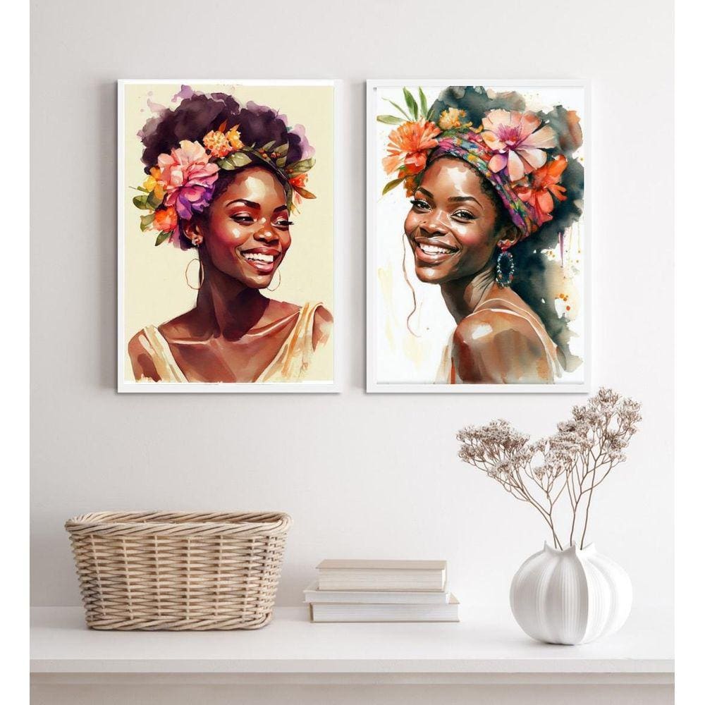 Kit 2 Quadros Decorativos Mulheres Pretas- Aquarela 24X18Cm