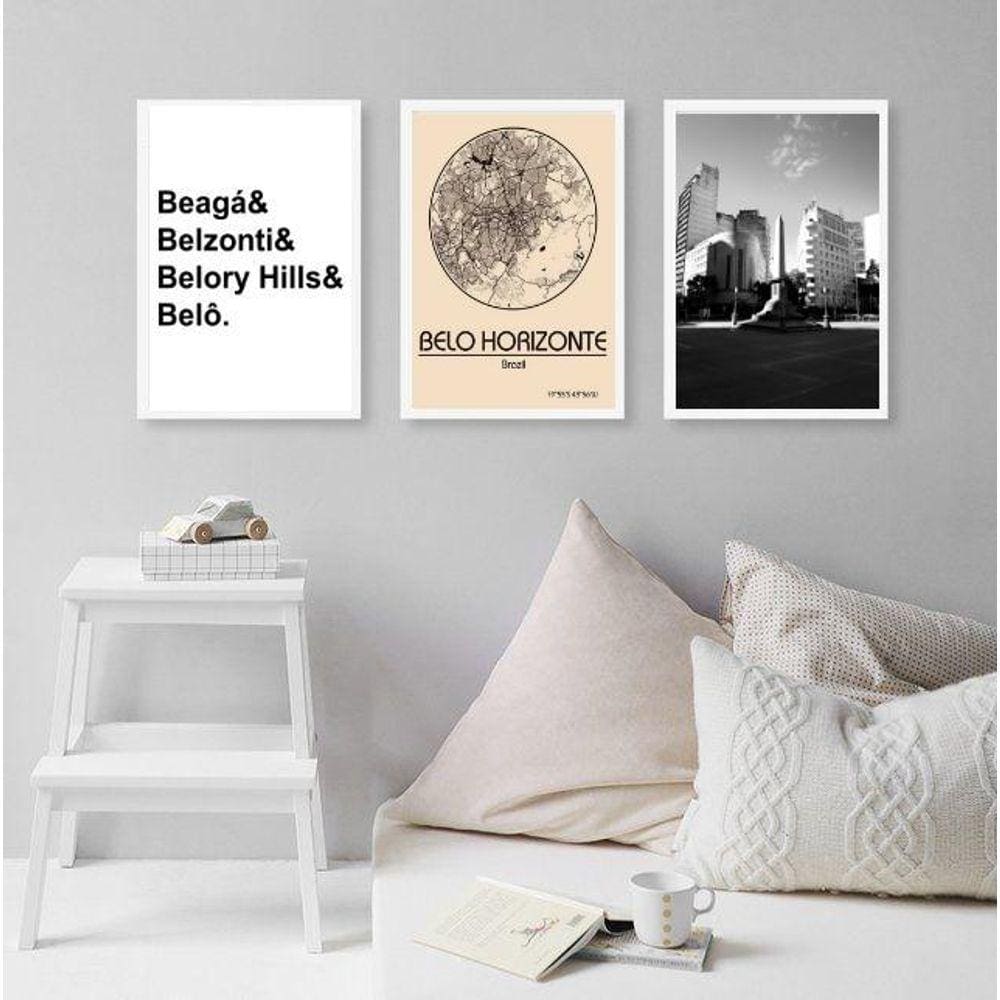 Kit 3 Quadros Decorativos Belo Horizonte-Mapa Cidade 24X18Cm