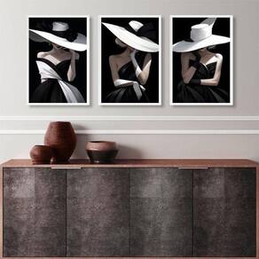 Kit 3 Quadros Decorativos Fashion Damas Em Preto E Branco 33X24Cm