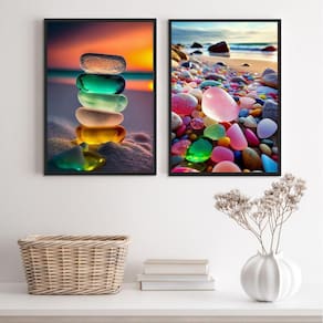 Conjunto 2 Quadros Praia Pedras Coloridas 33X24Cm - Vidro