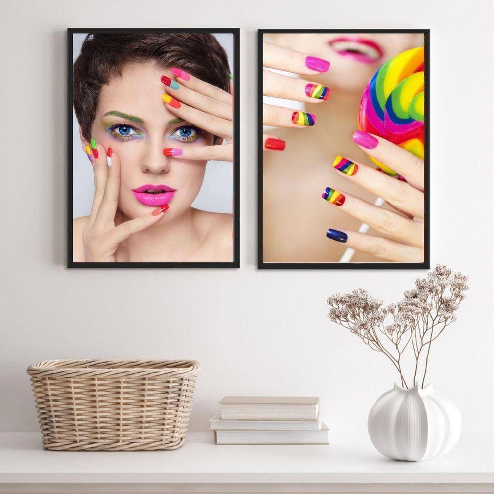 Kit 2 Quadros Salão Manicure- Unhas Coloridas 33X24Cm Vidro