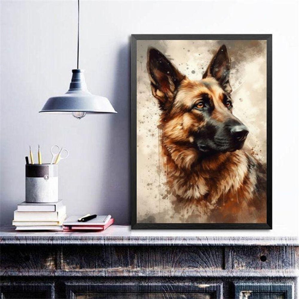 Quadro Decorativo Pastor Alemão Aquarela 45X34Cm - Com Vidro