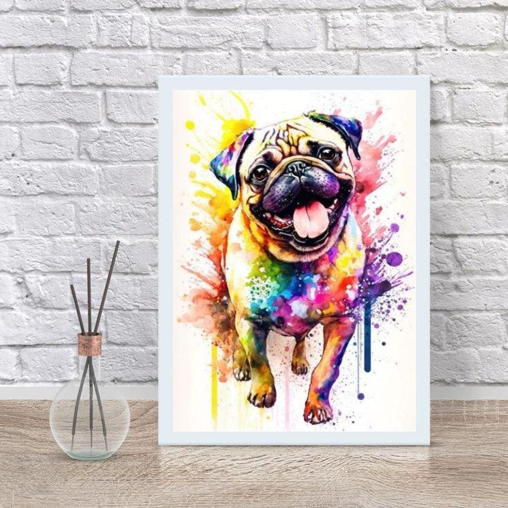 Quadro Decorativo Pug Happy Aquarela 45X34Cm - Com Vidro