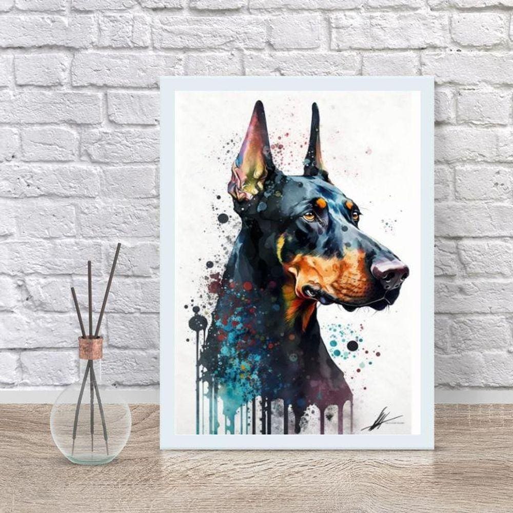 Quadro Decorativo Doberman Aquarela 33X24Cm - Com Vidro