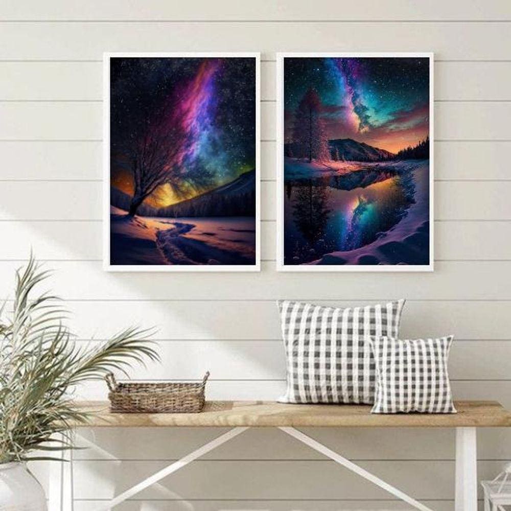Kit 2 Quadros Decorativos Aurora Boreal 24X18Cm - Com Vidro