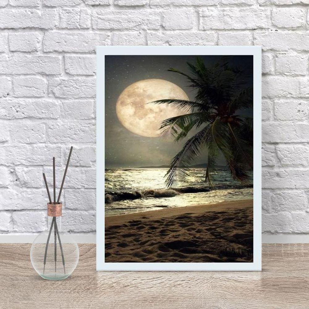 Quadro Decorativo Praia Com Lua Cheia 33X24Cm - Com Vidro