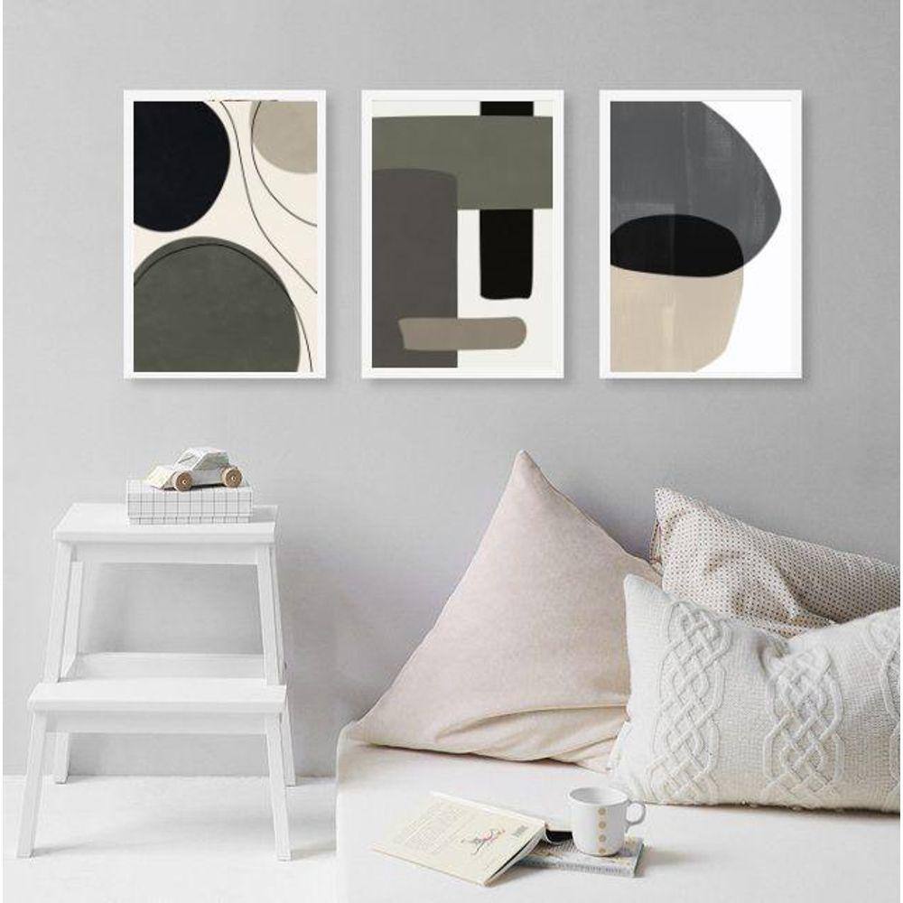 Kit 3 Quadros Modernos Abstratos Tons Cinza E Preto 45X34Cm