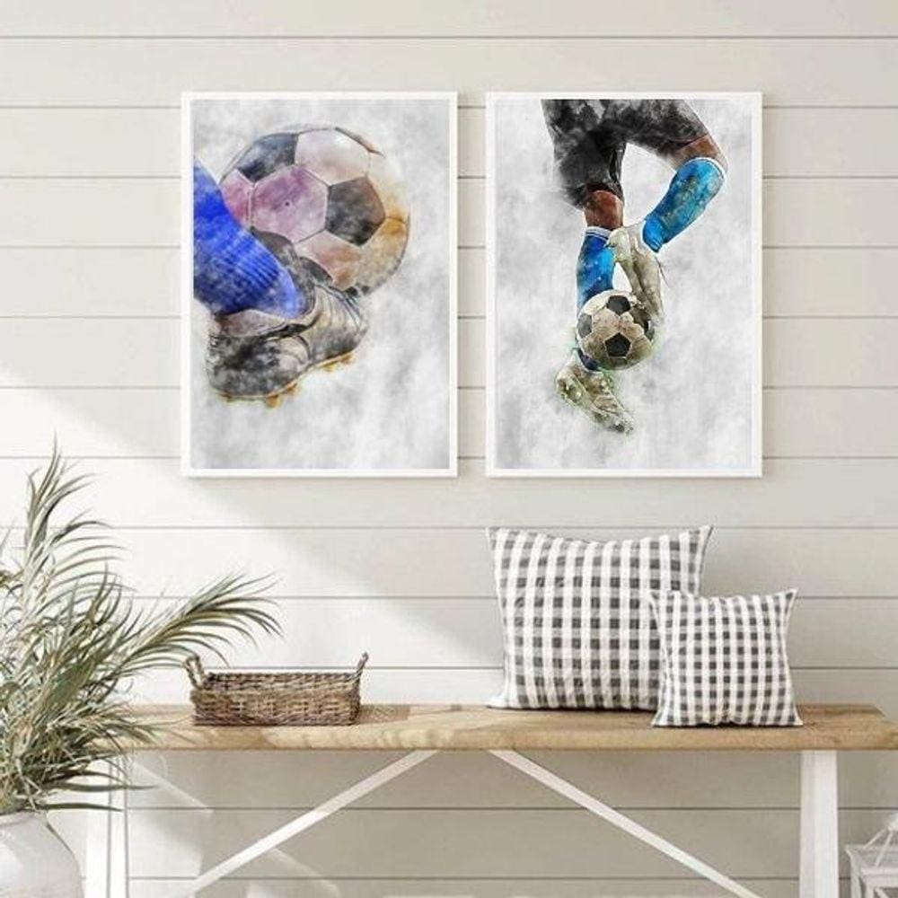 Kit 2 Quadros Decorativos Aquarela Futebol 45X34Cm - Com Vidro