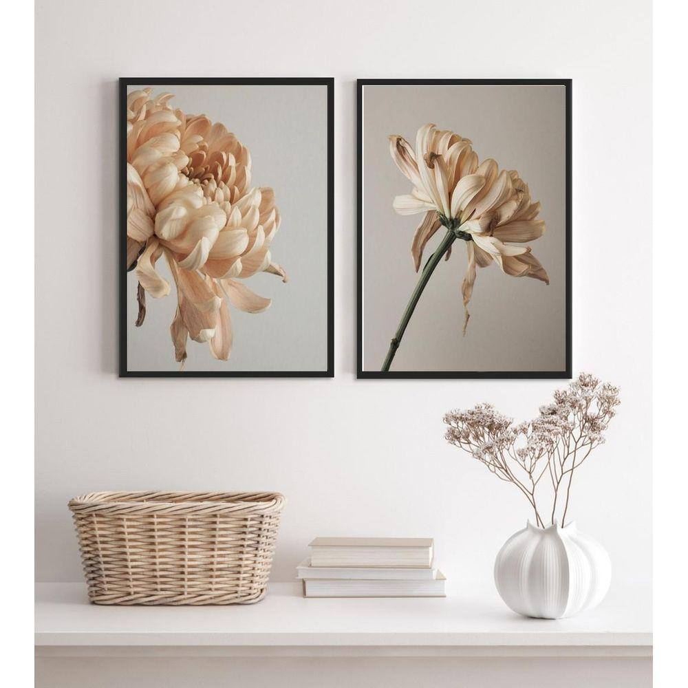 Kit 2 Quadros Decorativos Florais Bege E Cinza 33X24Cm Vidro