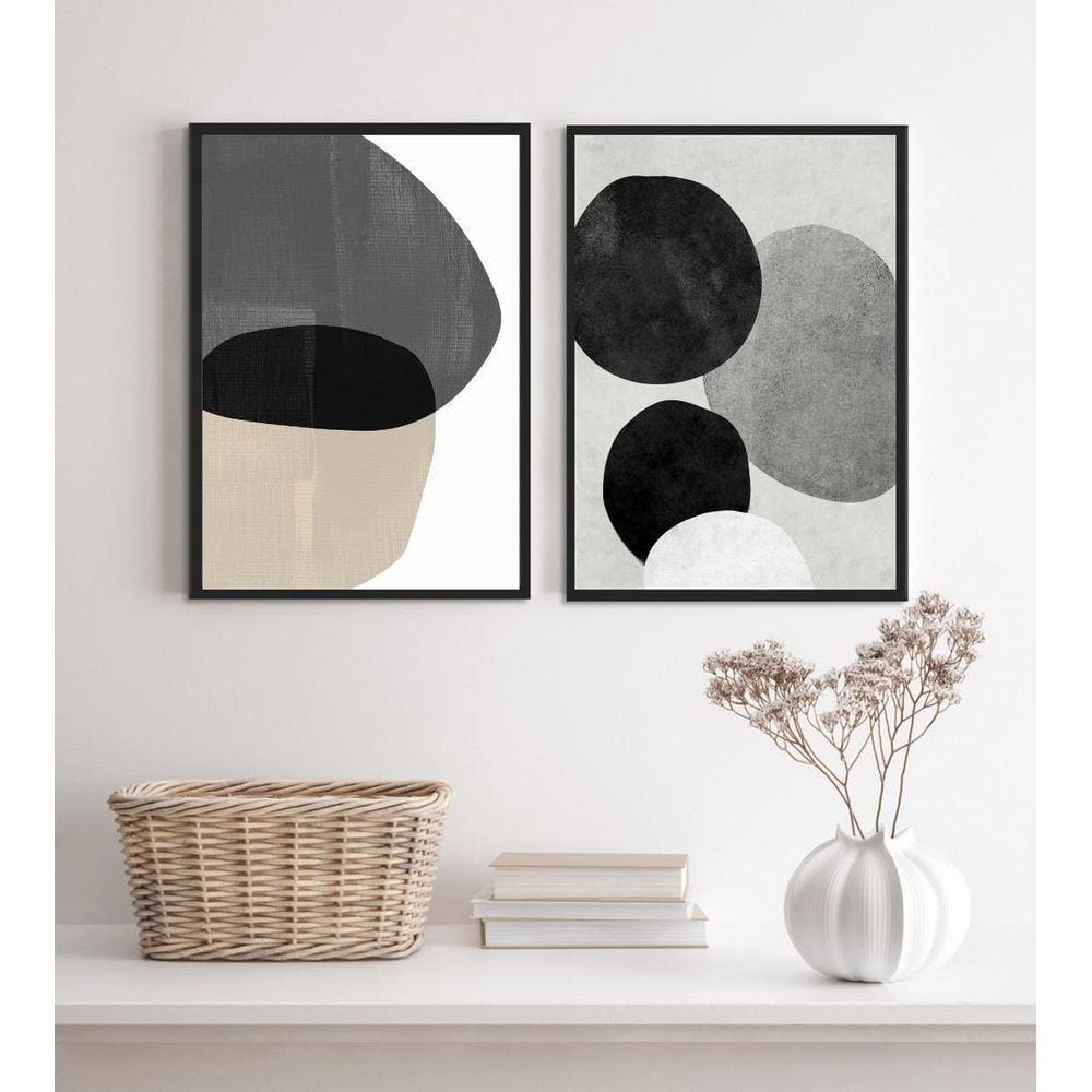 Kit 2 Quadros Decorativos Abstratos- Círculos Cinza 33X24Cm