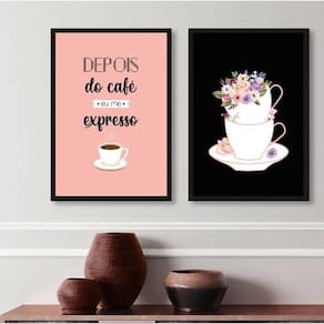 Kit 2 Quadros Cantinho Do Café- Preto E Rosa 45X34Cm - Vidro
