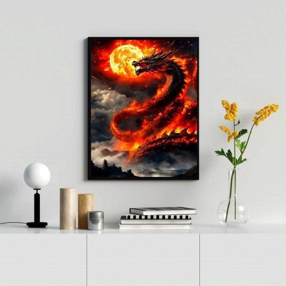 Quadro Decorativo Dragão Com Fogo 45X34Cm - Com Vidro