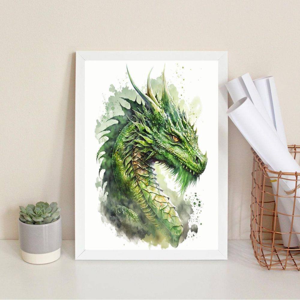 Quadro Decorativo Aquarela Dragão Verde 33X24Cm - Com Vidro