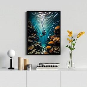 Quadro Decorativo Mergulho- Mergulhador 45X34Cm - Com Vidro