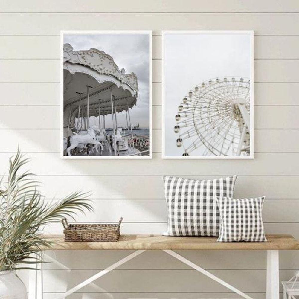 Kit 2 Quadros Fotografias Brancas Carrossel E Roda Gigante 24X18Cm - Com Vidro