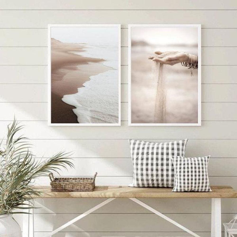 Kit 2 Quadros Fotografias Areia Praia Mar- Bege E Marrom 45X34Cm - Com Vidro