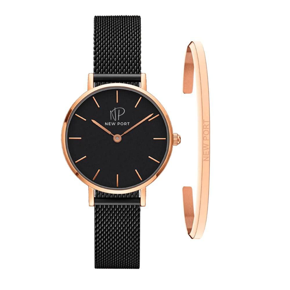 Relógio Feminino Minimalista Preto Ultrafino Elegante + Bracelete Casual New Port Banhado Ouro Kit