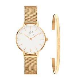 Relógio Feminino Minimalista Dourado Ultrafino Elegante + Bracelete Casual New Port Banhado Ouro Kit