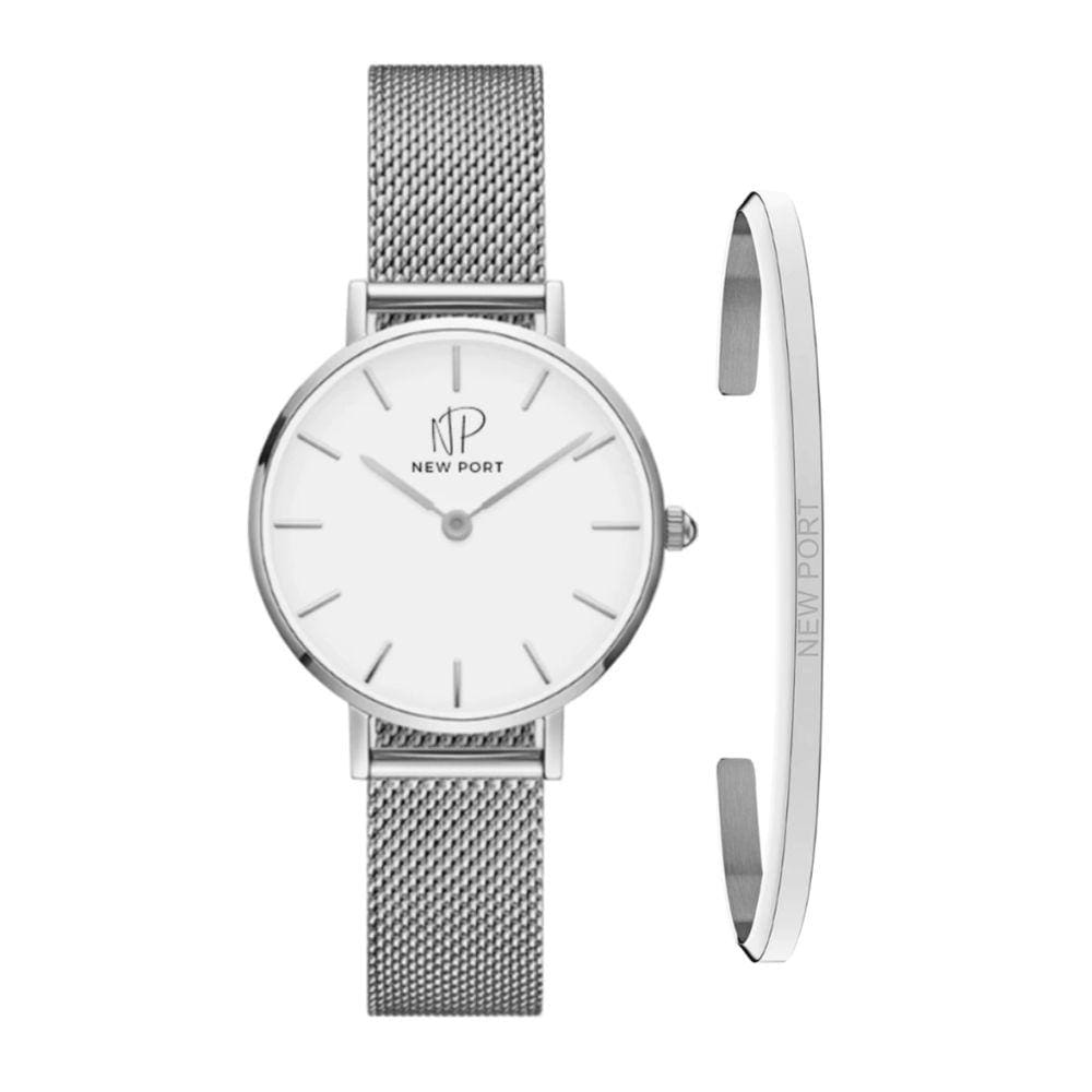 Relógio Feminino Minimalista Ultrafino Elegante Prata + Bracelete Casual New Port Kit