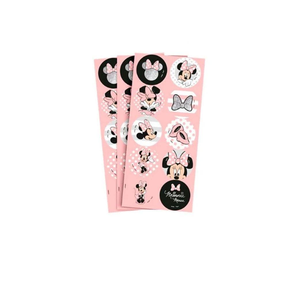 Adesivo Minnie Mouse Rosa Redondo 30 Unidades